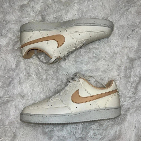 Nike Court Vision Low Basic White and Neutral Sneakers Tan Swoosh - Picture 1 of 6